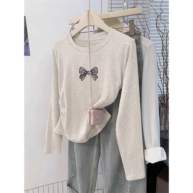 白色长袖t恤女潮ins春秋内搭修身收腰显瘦不规则短款正肩圆领上衣