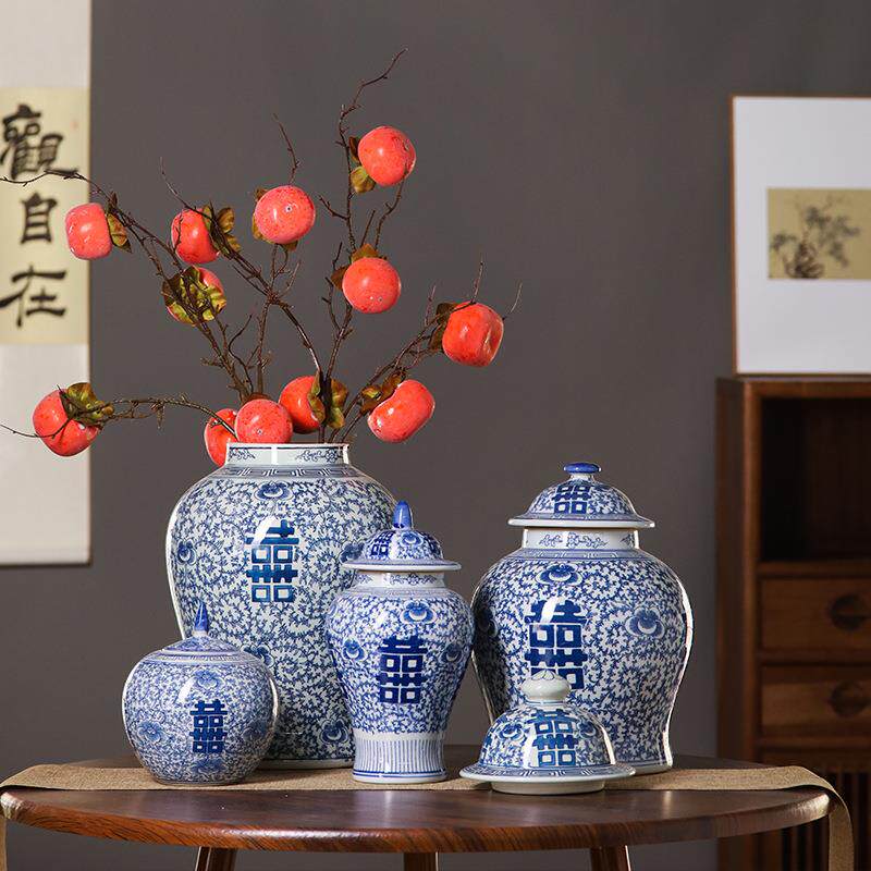 青花储物罐摆件家居客厅青花瓷花瓶装饰品插花瓷器中式陶瓷摆件