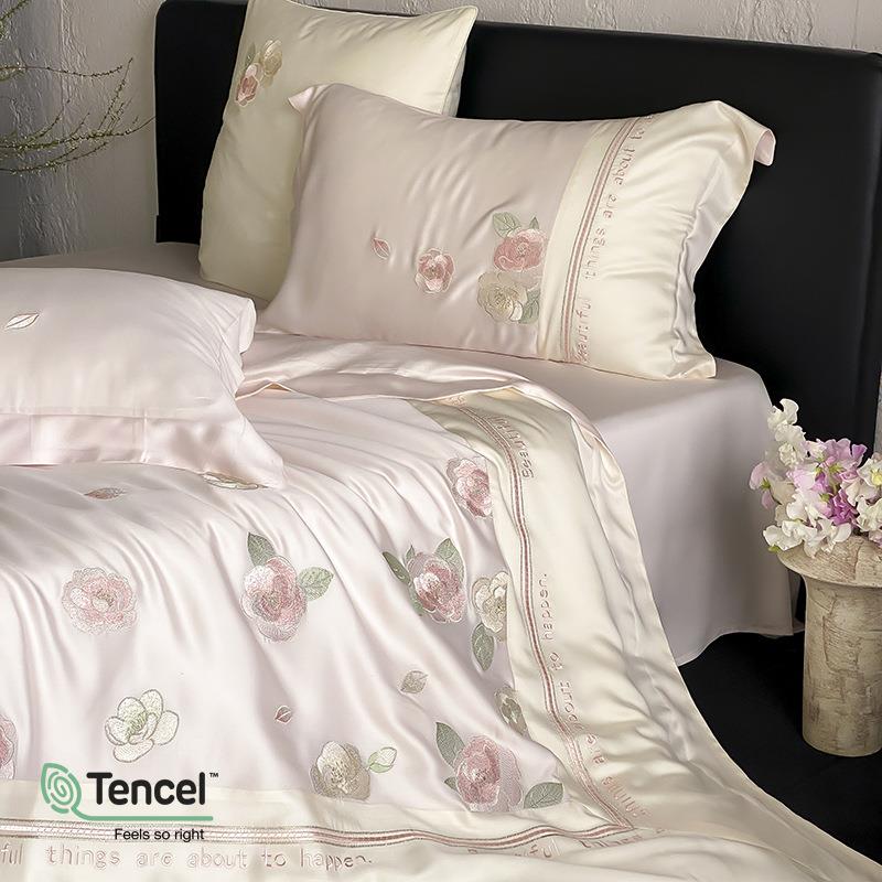 夏季凉感LF级兰精天丝四件套高档刺绣裸睡床上用品丝滑真丝感被套