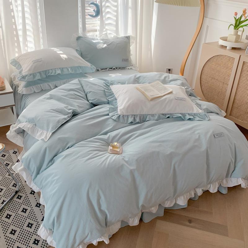 纯色四件套轻奢感纯棉荷叶边床单被套罩床笠床上品三件套