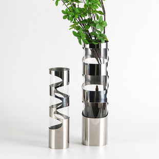 艺术镂空不锈钢玻璃花器花瓶摆件高级感餐厅酒店会所样板间装饰品