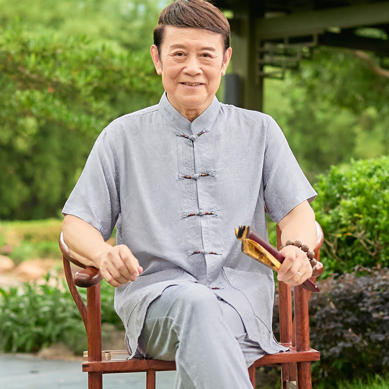 夏季唐装男衬衫短袖中老年人中山装爸爸套L装爷爷夏装绵绸衣服男