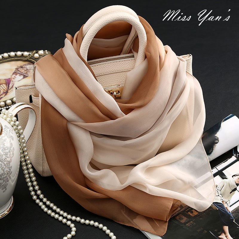 杭妍咖米手c绘渐变色真丝丝巾女长款围巾纱巾春秋冬夏季100%桑蚕