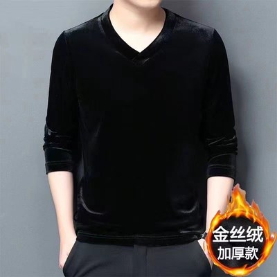 男士金丝绒高端卫衣加绒加厚w秋冬季新款V领长袖T恤打底衫男款潮
