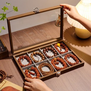 实木复古色带透明玻璃盖文玩核桃手串收纳盒O手把件古玩整理收藏