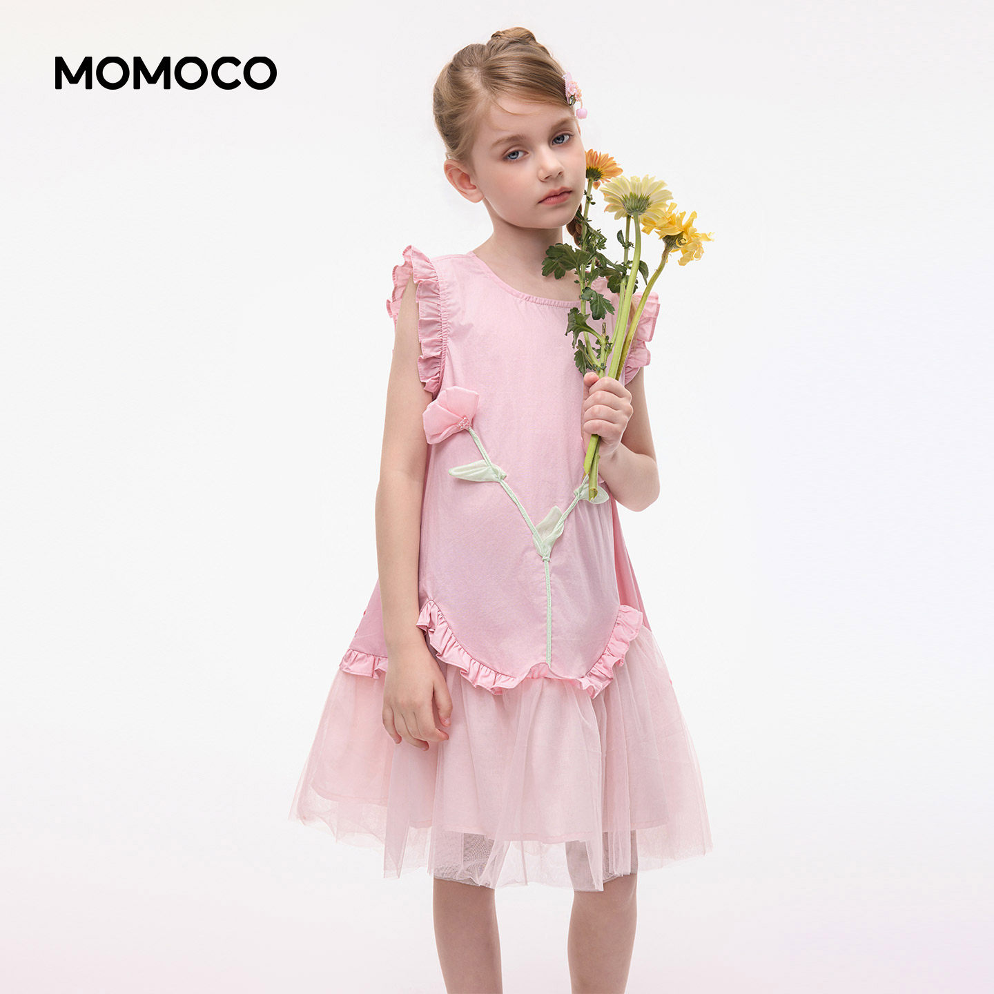 MOMOCO玛米玛卡2026夏季新款女童花朵连衣裙粉色网纱裙拼接公主裙
