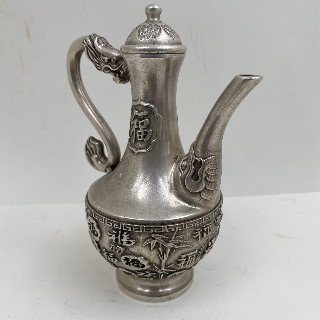 仿古做旧铜镀银龙凤高酒壶茶壶家居家里酒具铜器桌面家居摆件无