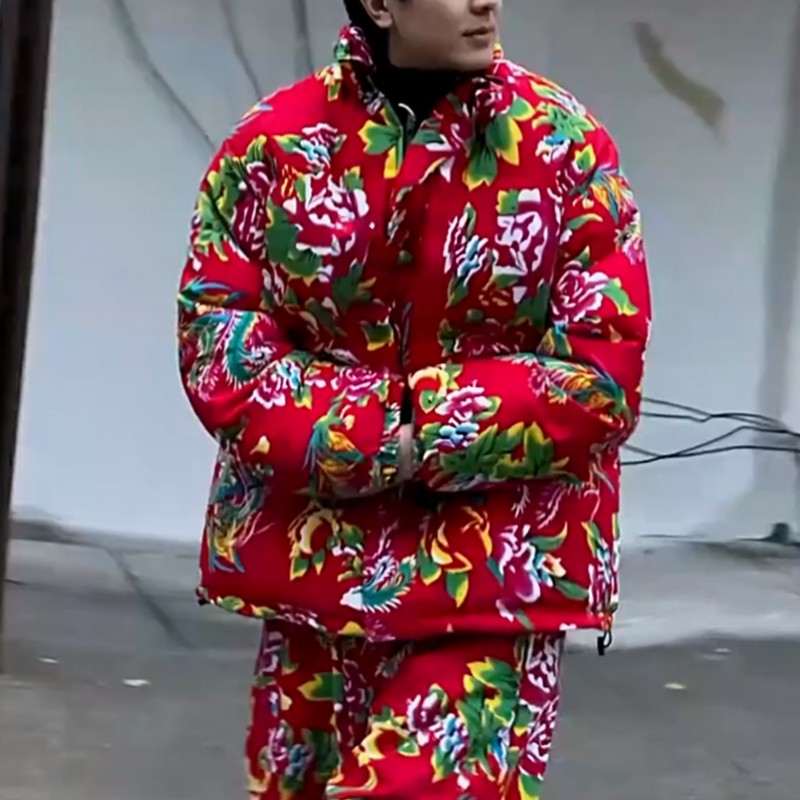 东北大花棉袄套装男秋冬季情侣大码棉衣裤牡丹花网红棉服外套