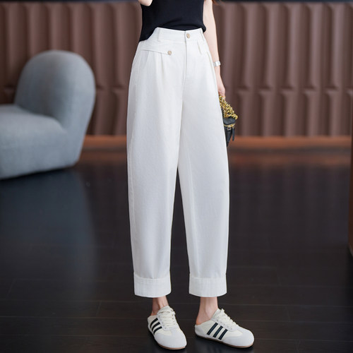 纯棉哈伦裤女2026夏季薄款高腰后松紧卷边宽松小个子休闲裤九分裤