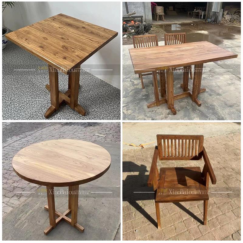 侘寂风餐桌老榆木方桌民宿酒馆咖啡厅中古风家具商用复古原木桌子