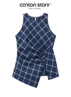 羊城故事cantonstory法式复古蓝色格子背心女2025夏季新款设计感