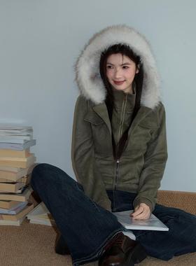 dgold白小鱼原创覆古毛领连帽加绒麂皮厚外套女秋冬修身皮毛一体