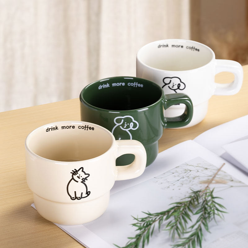 陶瓷马克杯小清新办公室家用创意ins水杯子咖啡杯可爱小猫叠叠杯