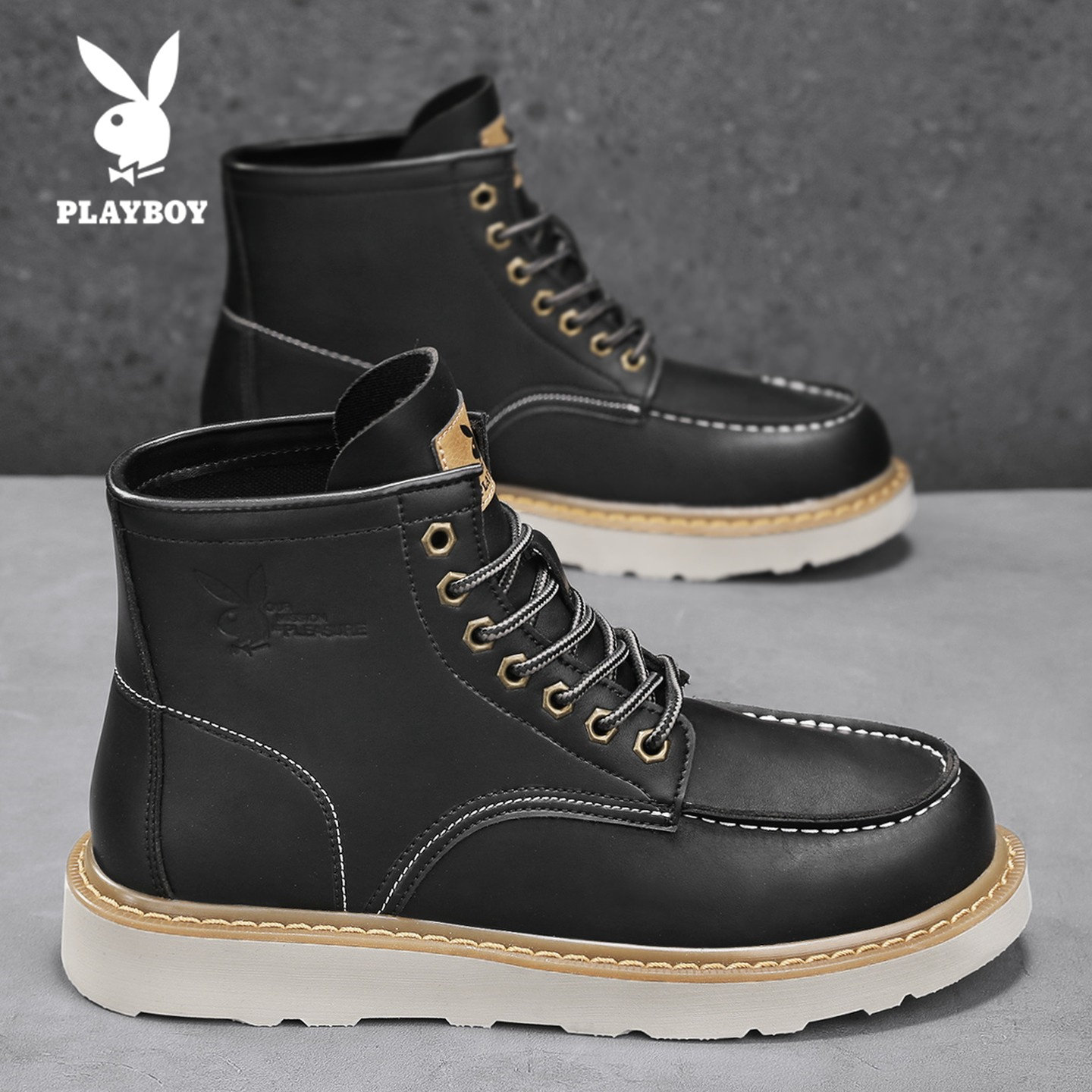 花花公子男鞋马丁靴冬季新款工装短靴高帮机车风英伦风防滑户外男