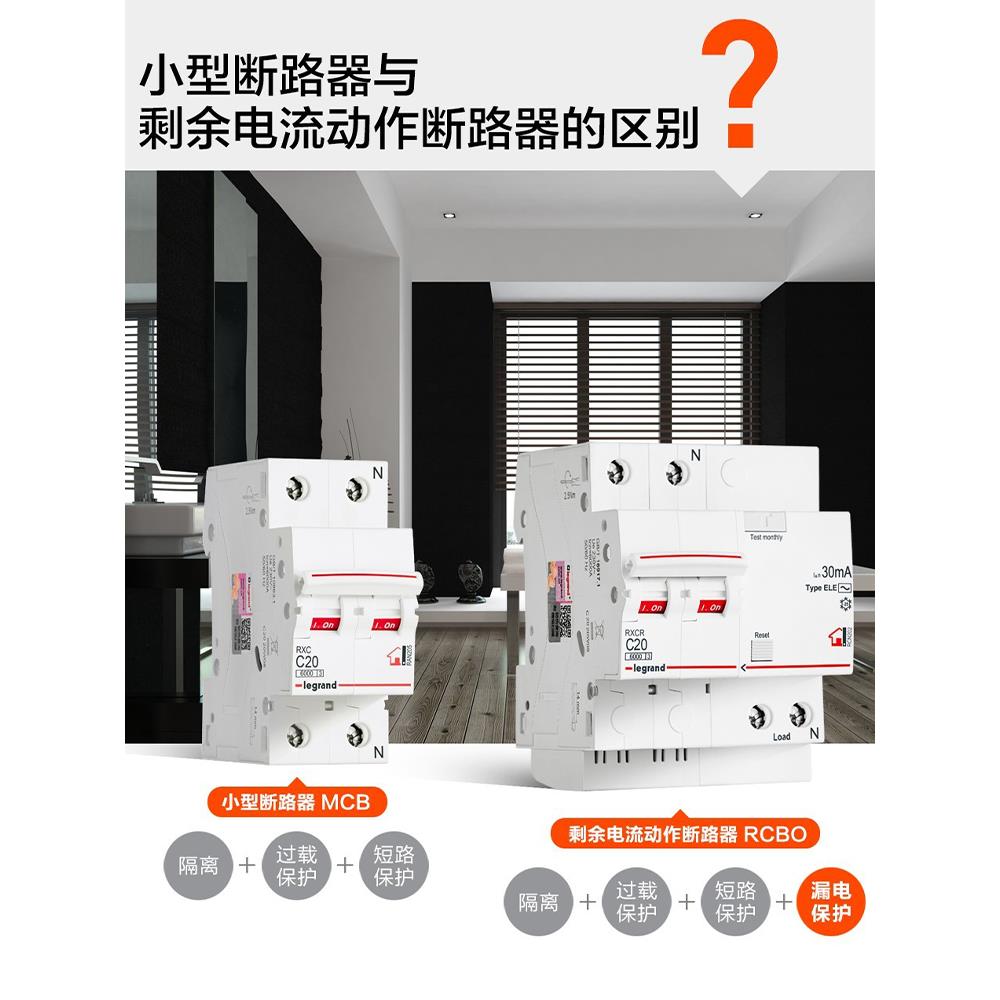 罗格朗空气开关RXC家用2P漏保断路器63A总空开空调电闸带漏电保护
