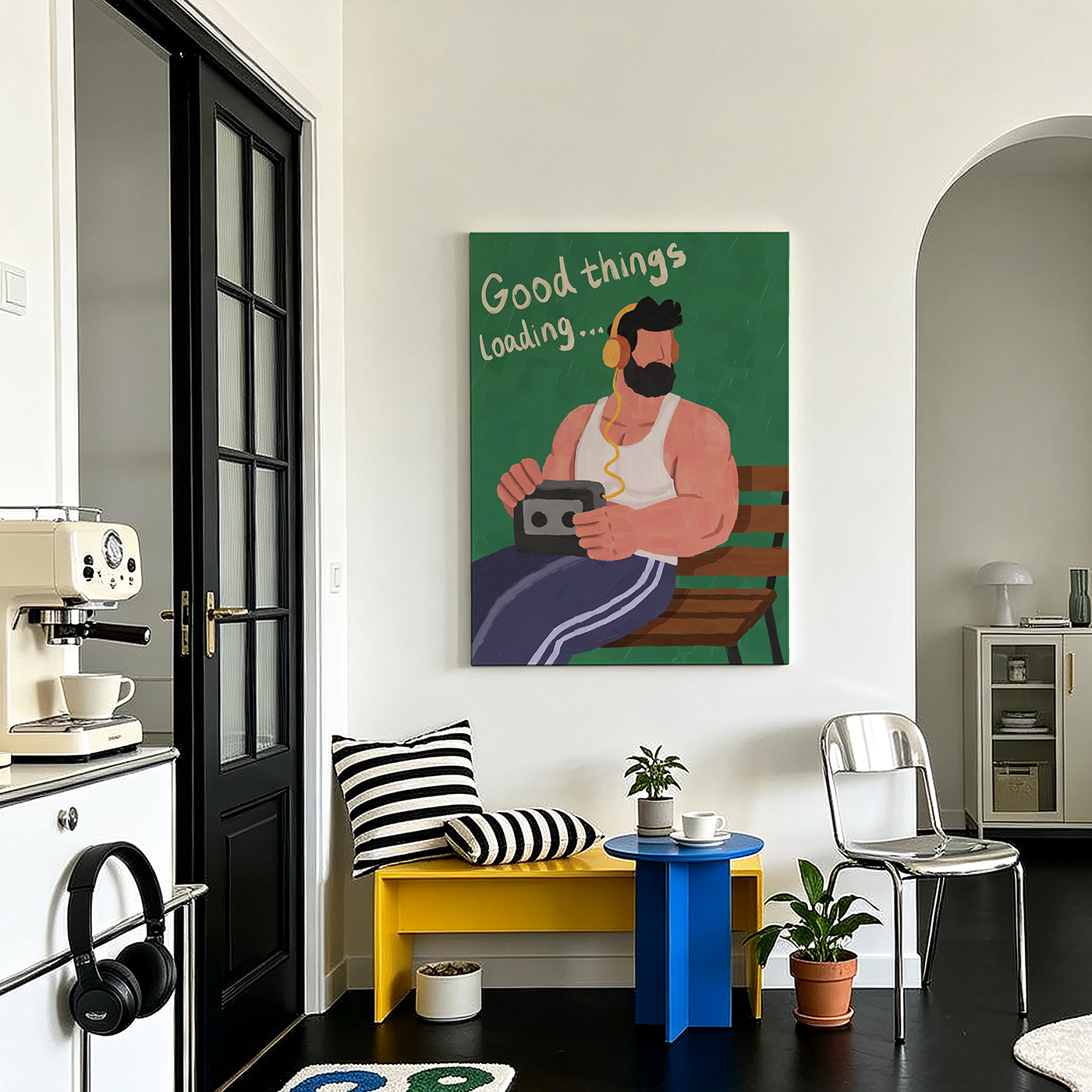 油画风长椅听歌胡须壮汉装饰画复古磁带机创意画公寓沙发背景壁画