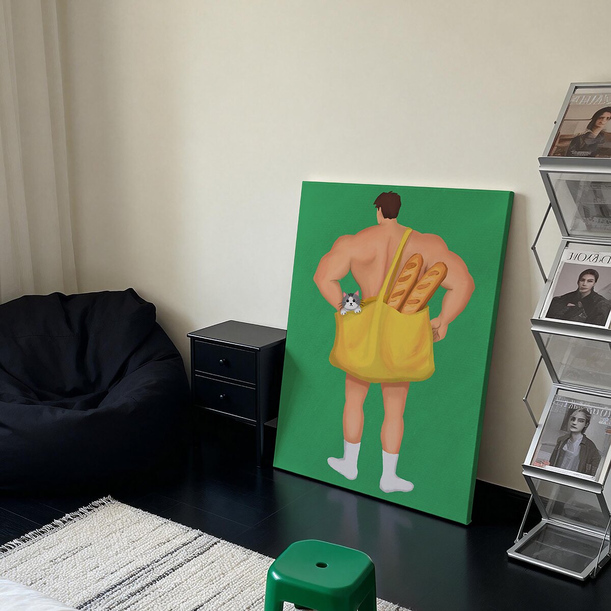 搞怪肌肉男面包猫咪装饰画多巴胺趣味客厅小众艺术画床头创意挂画