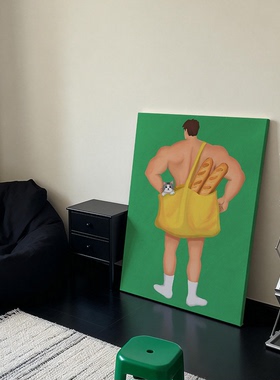 搞怪肌肉男面包猫咪装饰画多巴胺趣味客厅小众艺术画床头创意挂画