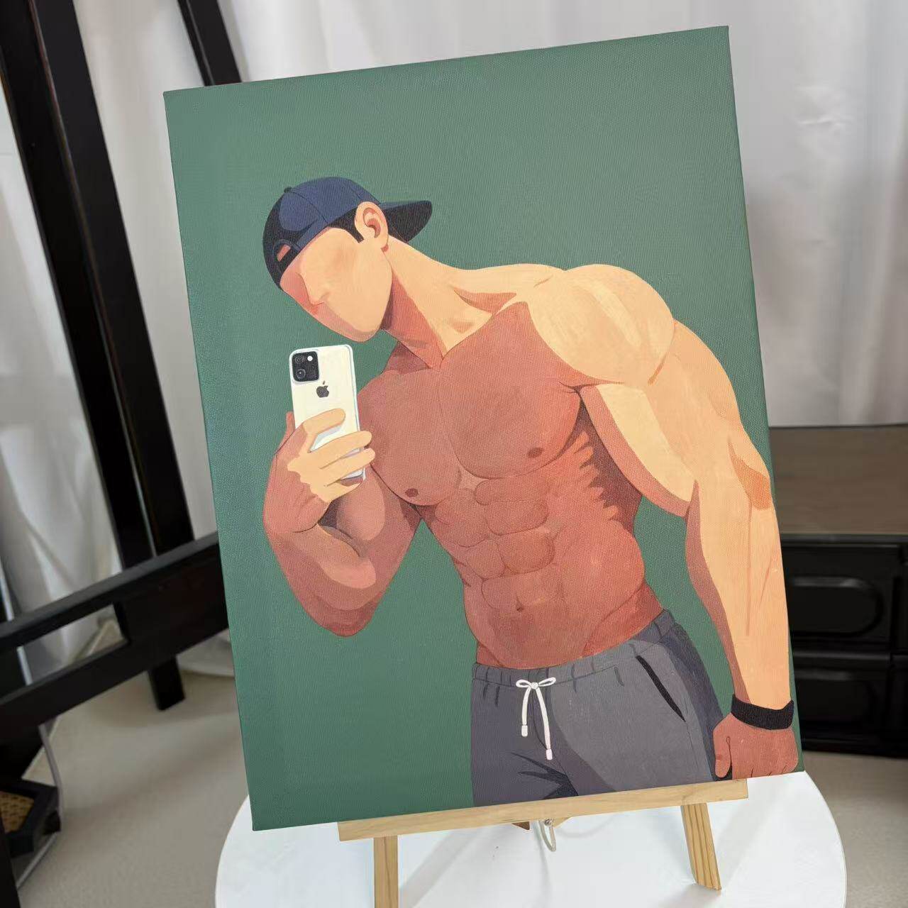 小众艺术简约男体卡通扁平油画挂画趣味肌肉男自拍极简约装饰画
