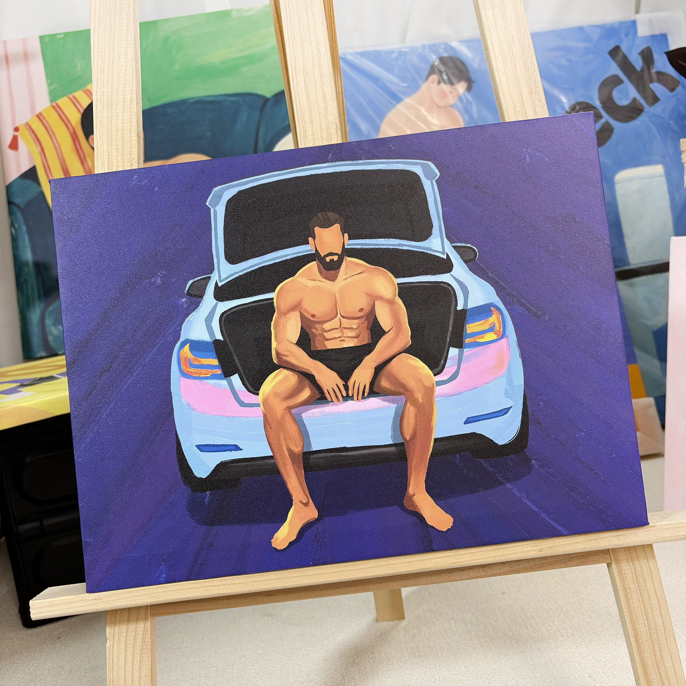 公路车尾箱潮酷猛男坐汽车卡通油画装饰画厚涂工作室布置趣味挂画