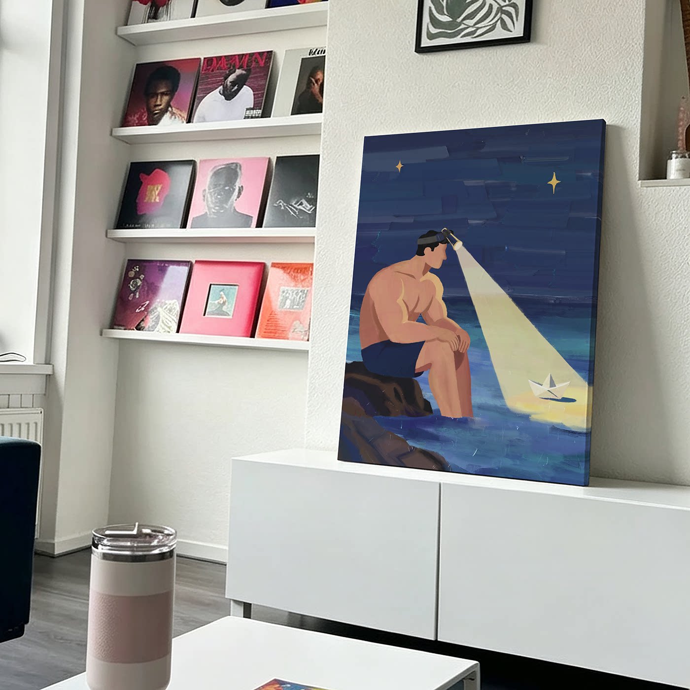 追光纸船蓝色系夜景海边礁石肌肉男挂画创意油画卧室床头装饰画