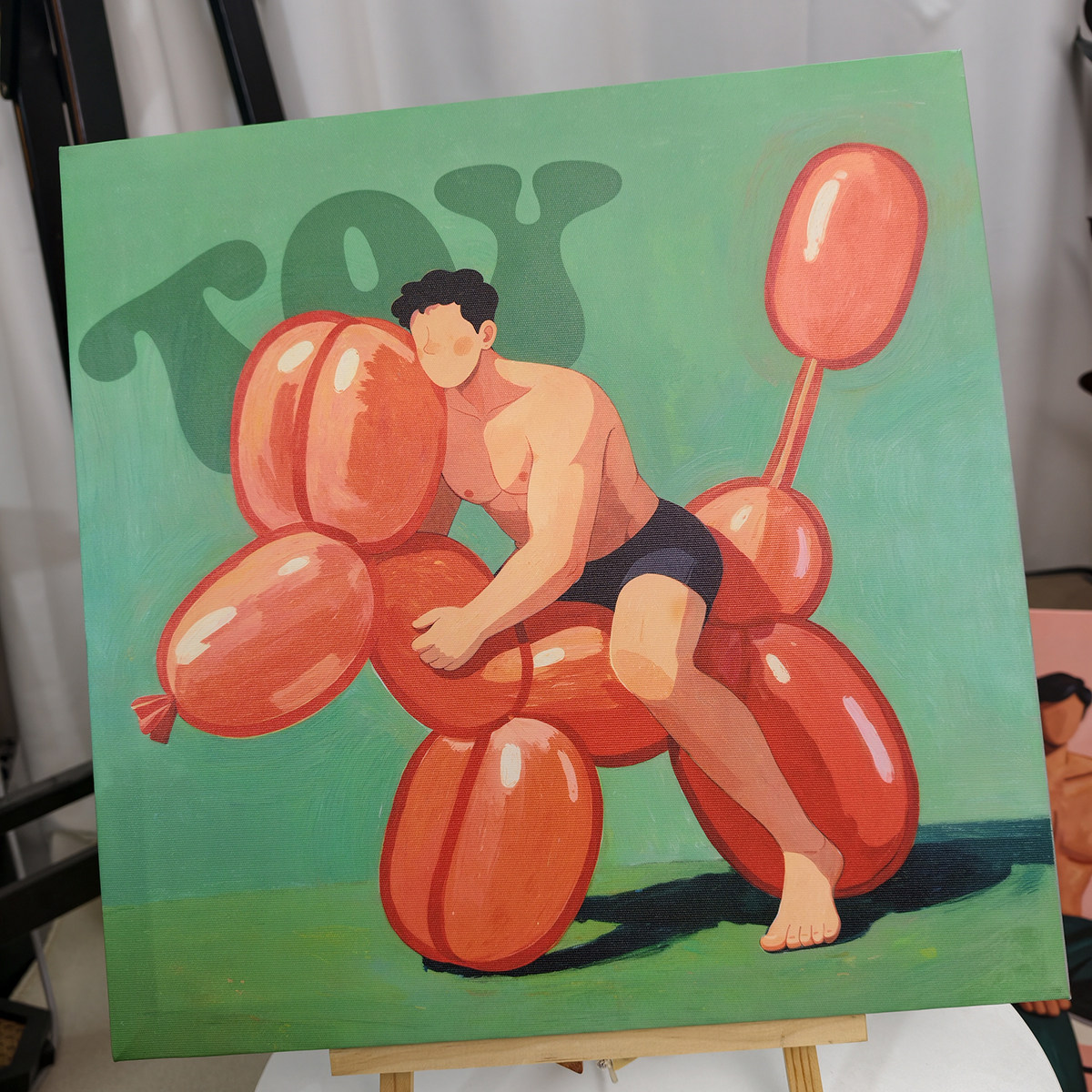 多巴胺玩具气球小狗趣味肌肉男装饰画卡通围感画喷绘客厅艺术挂画