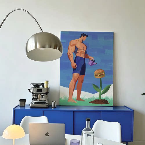 汉堡种植趣味扁平原创卡通油画装饰画肌肉猛男搞怪创意潮流挂画