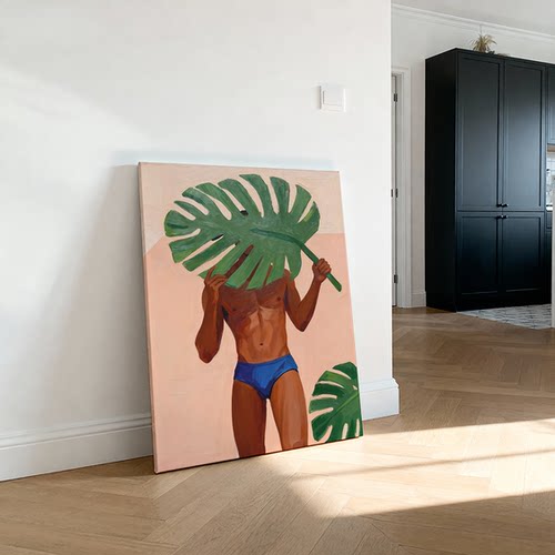 装饰画卡通肌肉男绿植龟背叶氛围感喷绘画工作室艺术画框靠墙挂画