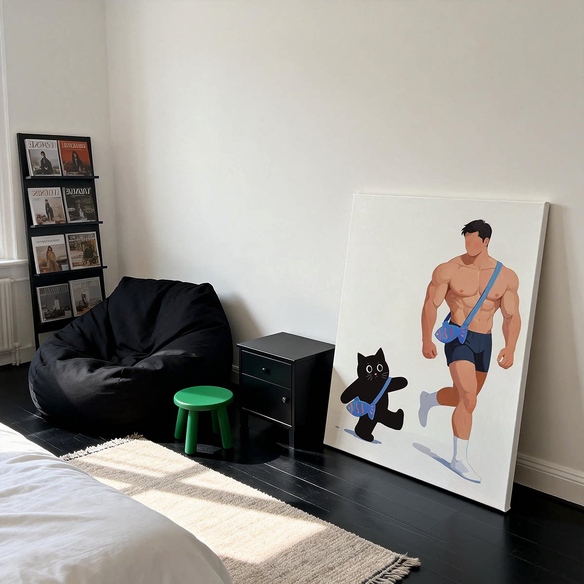 与猫同行简约奶油风肌肉男装饰画趣味布置公寓挂画体育生卧室装饰
