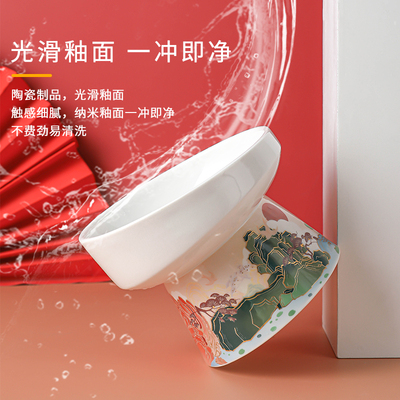 Pans中e国风猫碗陶瓷双碗斜口保护颈椎猫咪食盆高脚碗防打翻狗