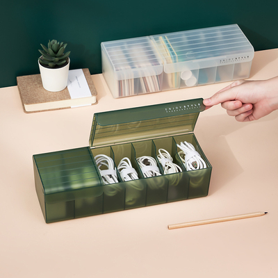 桌面数据线分格收纳盒带盖透明充电器整理盒N子充电线杂物收纳神