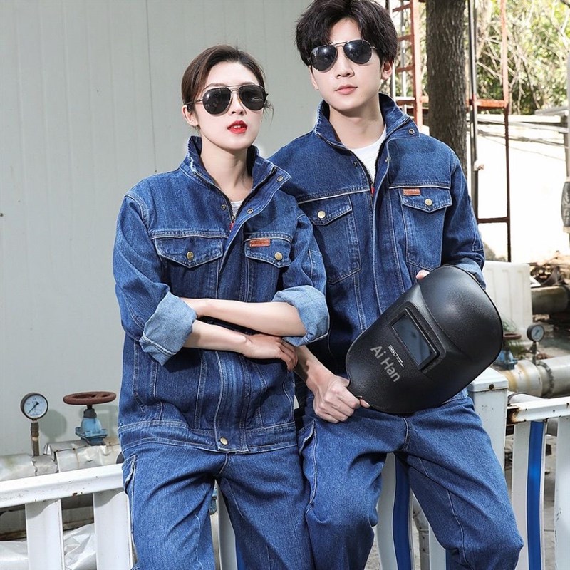 防烫加厚款电焊工牛n仔工作服套装男女立领工厂车间劳保工作服
