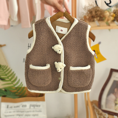 宝宝加绒马甲秋冬款男女童v坎肩加厚羊羔毛绒外穿网红儿童保暖背