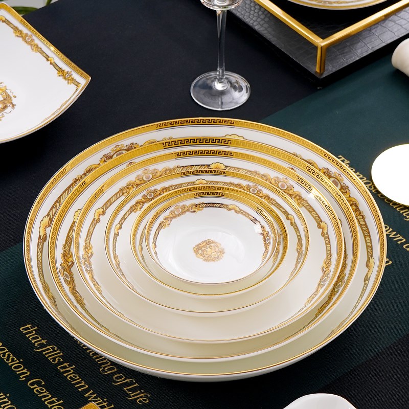 欧式骨瓷饭盘5-14英q寸多尺寸家用陶瓷深菜盘汤盘大号金边餐具碟