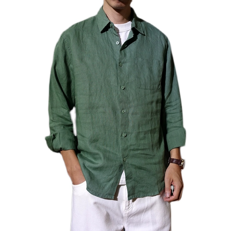 春秋薄款纯亚麻宽松男款长袖衬衫D麻料休闲衬衣方领口袋潮流上衣