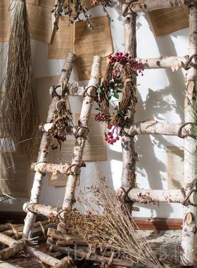 高档白桦木梯子落地装饰摆摄件园幼儿园环创花园庭院艺艺橱窗拍花