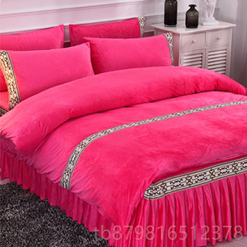 高档水晶床裙四件套床用品冬季床绒单被套床罩加绒加珊厚上毛绒瑚