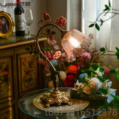 高档V古intag厅e法式复中台灯 古黄铜田园风玫瑰氛围感客卧室床头