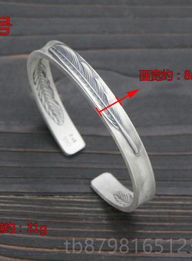 高档925纯S银口羽毛潮牌手工复古桥手镯唐草手开环个性简高约男女