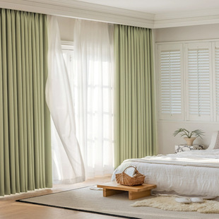 2021年新款 加厚双面麻简约纯色布拼接成品窗帘全遮光卧室奢华绿色