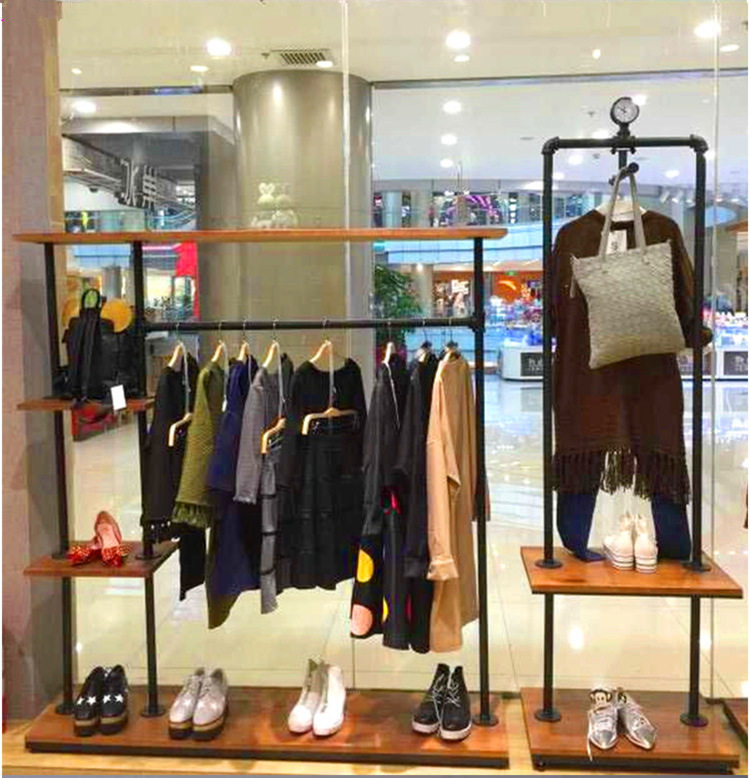 复古木头铁艺服装展示架落地中岛架服装店侧挂靠墙挂衣架陈列货架