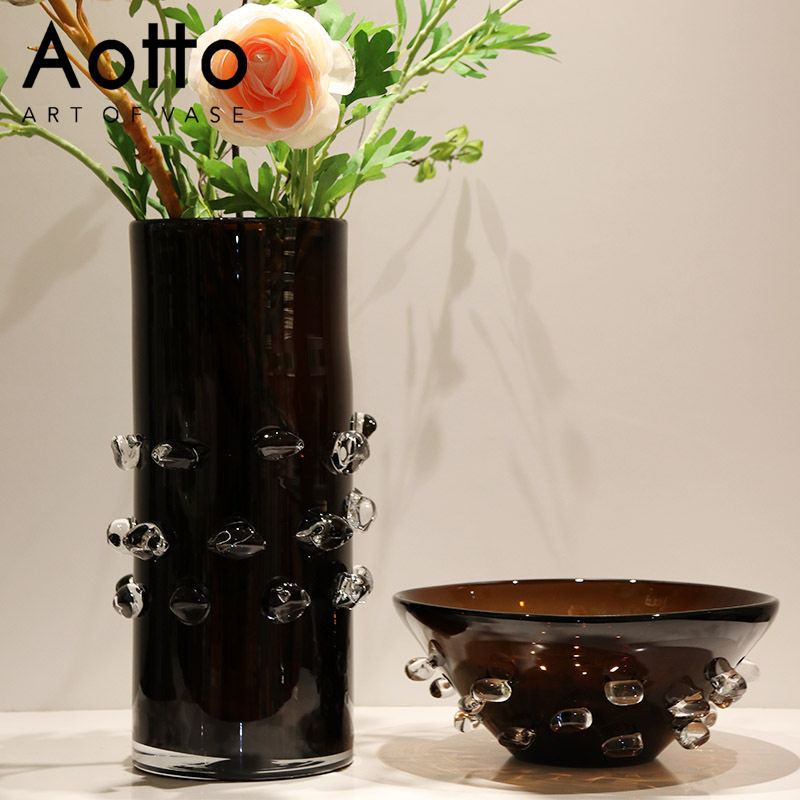 轻奢创意直筒花瓶果盘咖色透明颗粒玻璃设计茶几前台摆设装饰花瓶,模玩/动漫/周边/娃圈三坑/桌游,文化/体育周边,淘宝优惠券,粉丝福利购,淘宝优惠卷