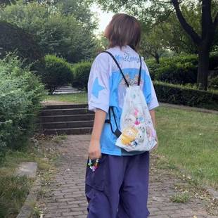 抽绳束口背袋大容量双肩包可爱透明痛包可挂玩偶背包学生补习书包