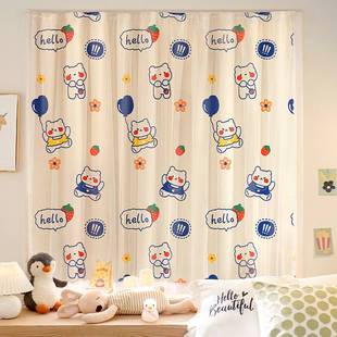 免打孔魔术贴遮光窗帘黏贴宿舍飘窗透光不透人租房纱帘布成品