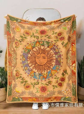 法兰绒橙色太阳和月亮羊毛盖毯,70 年代复古波西米亚向日葵星毛毯