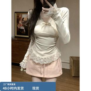 2025新款 蕾丝蝴蝶结V领长 宽松大码 胖mm300斤纯欲风辣妹t恤女秋季