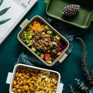 陶瓷菜盘子家用陶瓷微波餐具 北欧风双耳烤盘长方形深菜盘创意个性