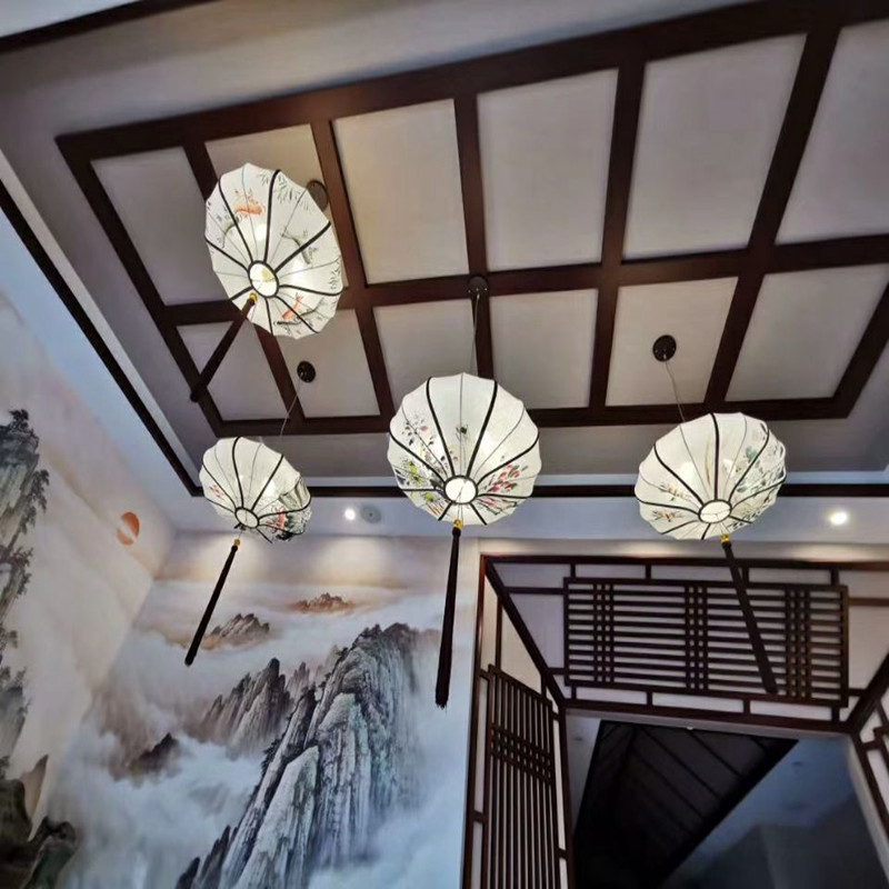 新中式婚礼手绘水墨画飞碟灯笼饭店火锅店装饰灯古典婚庆装饰布置