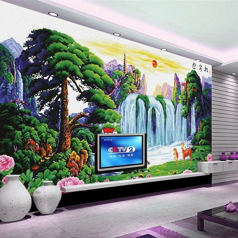 定制中式电视背景墙纸3d立体迎客松办公室墙贴客厅山水风景画自粘,家居饰品,软装墙贴,淘宝优惠券,粉丝福利购,淘宝优惠卷