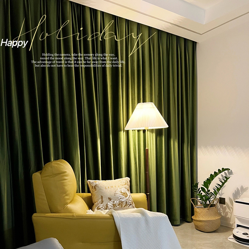 美式复古橄榄绿丝绒窗帘轻奢复古客厅卧室遮光绒布高级感法式2022